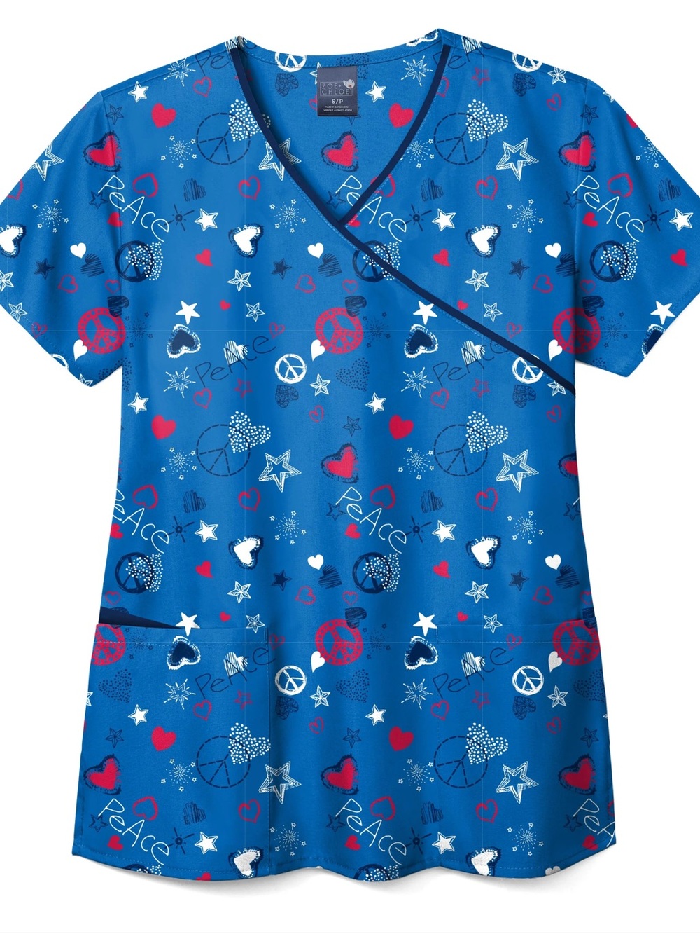 Bright Blue Peace & Heart Print Scrub Top